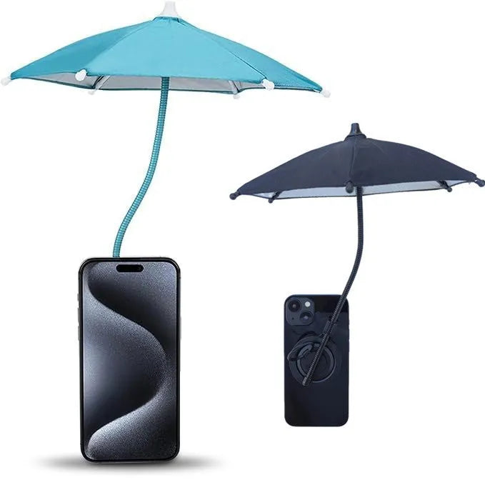 Magnetic retractable phone umbrella bracket with 6 iron bones, 210T NC fabric canopy, silver glue coating, black colour, side view