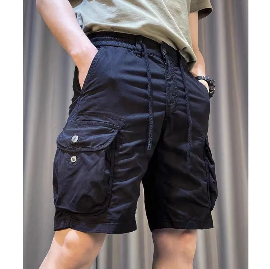 Loose straight Korean-style overalls pants with multiple pockets in black, grey, green, or khaki colours