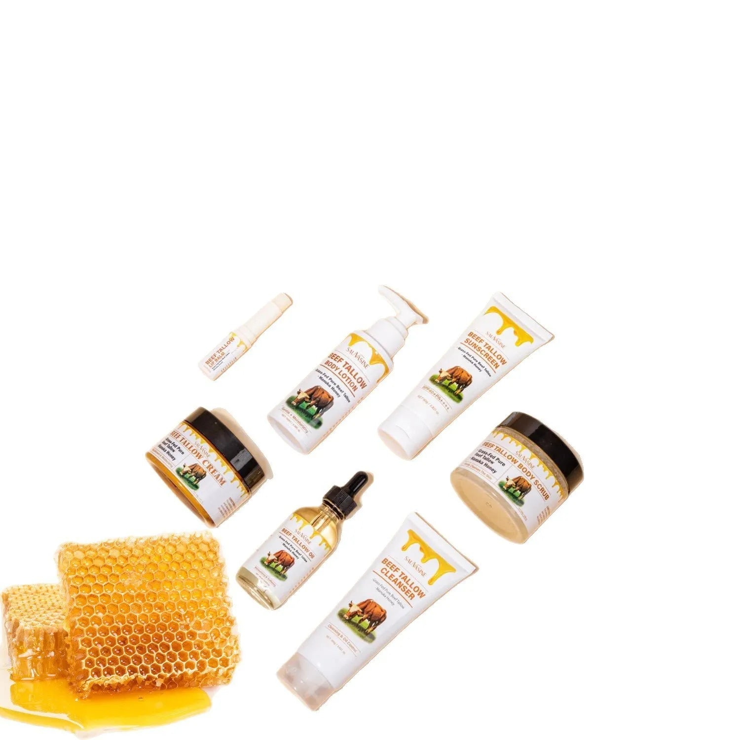 Butter Honey seven-piece skincare set including facial cleanser, face cream, lip balm, protective cream, body lotion, and facial scrub.