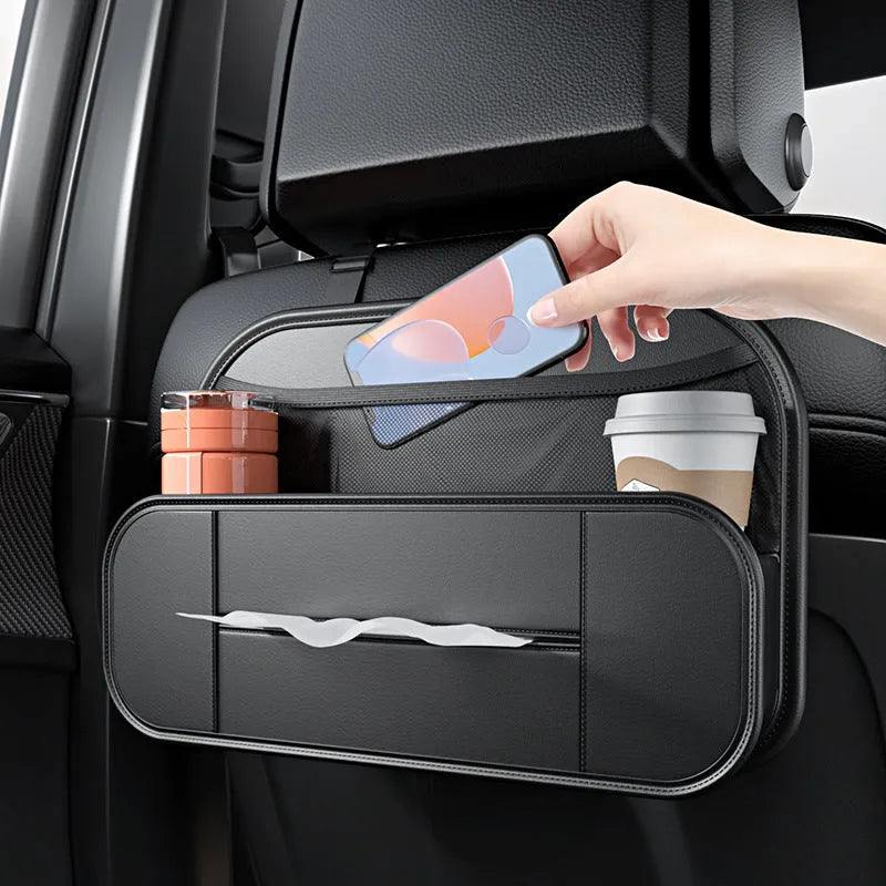 Black leather car seat back storage bag with organisable pockets for vehicle use.