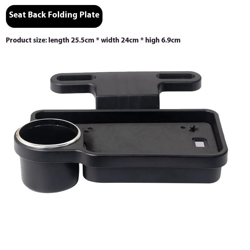 Black ABS plastic car steering wheel laptop stand with foldable cup holder on a grey steering wheel