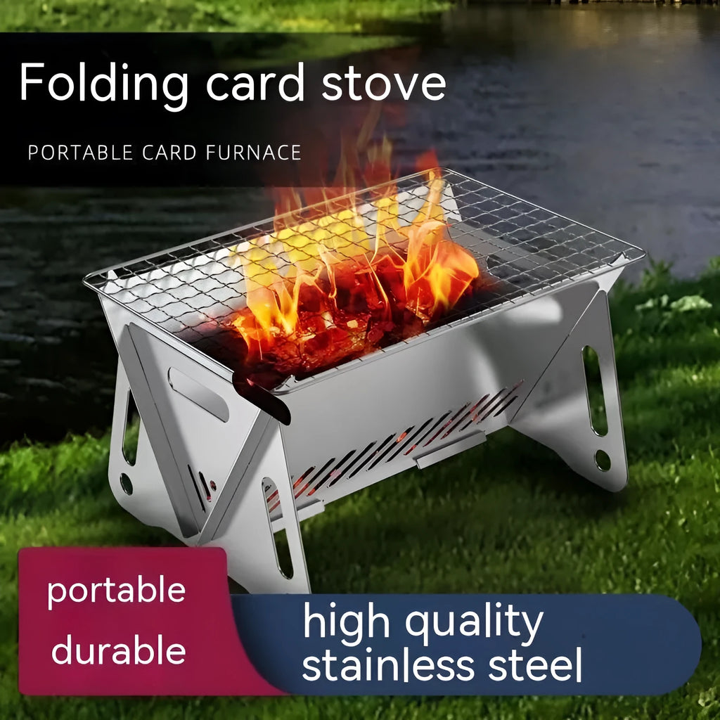Large stainless steel folding barbecue oven with storage bag for outdoor use.