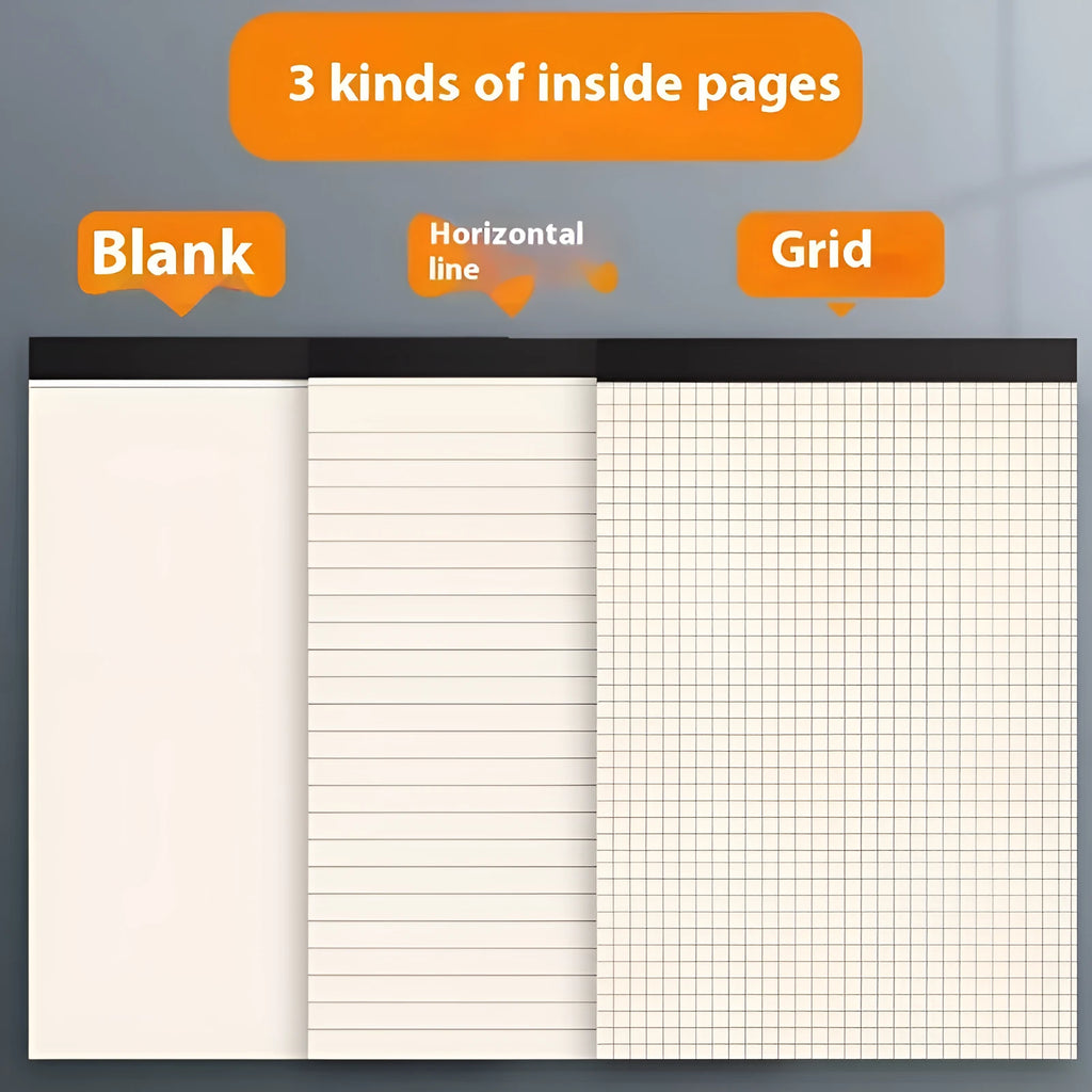 A5 and B5 thick tearable writing pads in blank, grid, and lined ruling styles with 80 sheets.