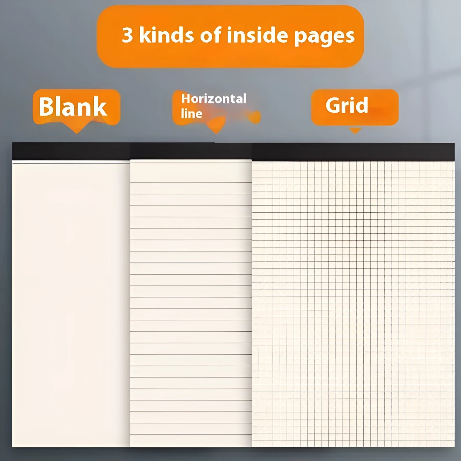 A5 and B5 thick tearable writing pads in blank, grid, and lined ruling styles with 80 sheets.