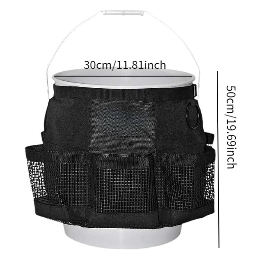 Black cylindrical polyester storage bag hanging on the side of a 5 gallon bucket.