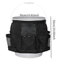 Black cylindrical polyester storage bag hanging on the side of a 5 gallon bucket.