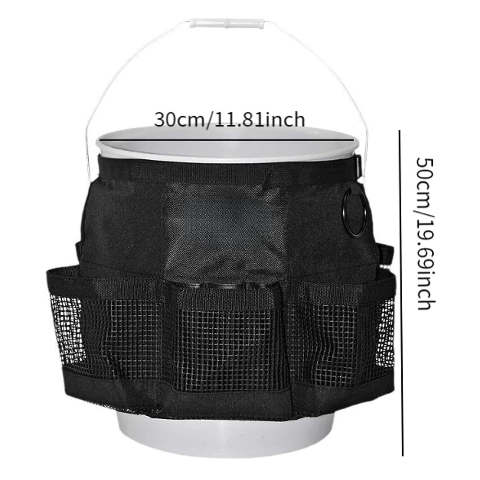 Black cylindrical polyester storage bag hanging on the side of a 5 gallon bucket.