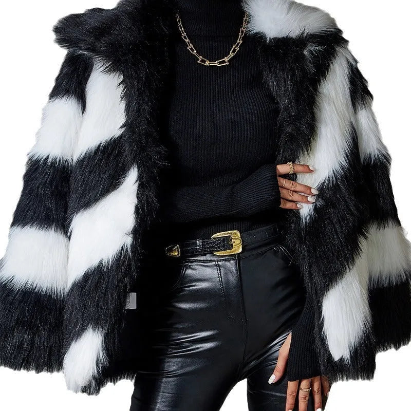 Faux fur coat with contrast lapel and detachable fur collar in normal 50cm length