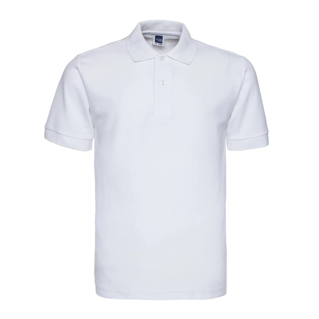 Men's plus size solid colour lapel collar short sleeve polo shirt on a hanger.