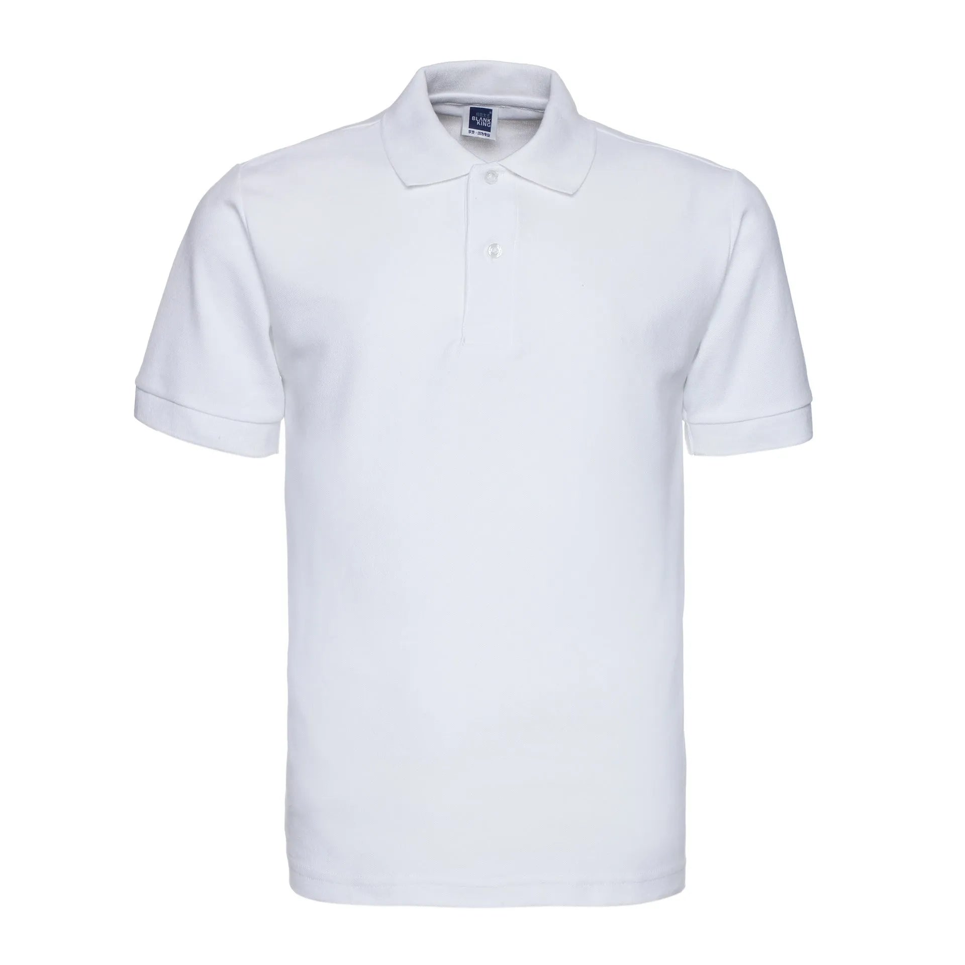 Men's plus size solid colour lapel collar short sleeve polo shirt on a hanger.