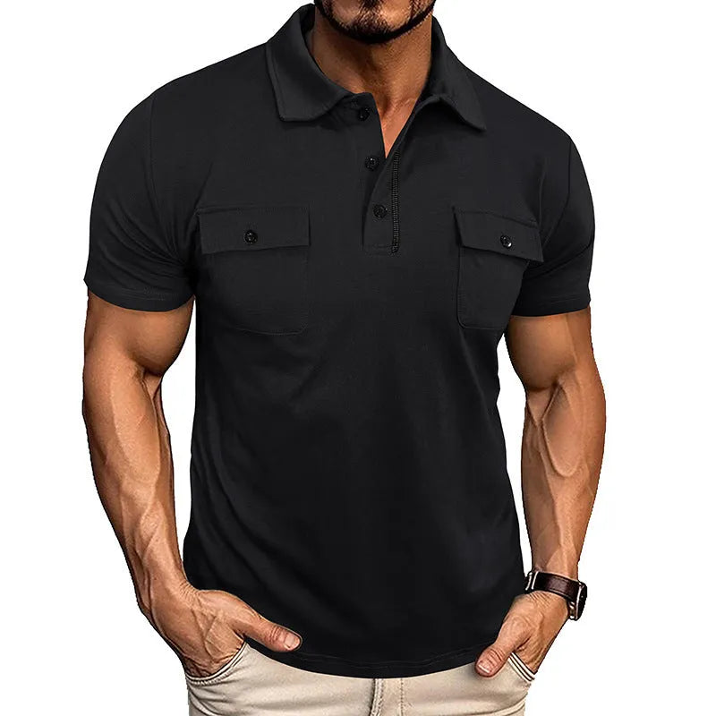 Summer lapel button polo shirt with pockets for men in army green colour, short sleeves, loose fit