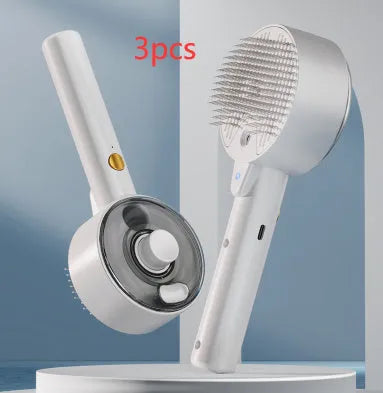 Ceramic white rechargeable pet grooming brush with UVC light and misting function on a dog's coat.