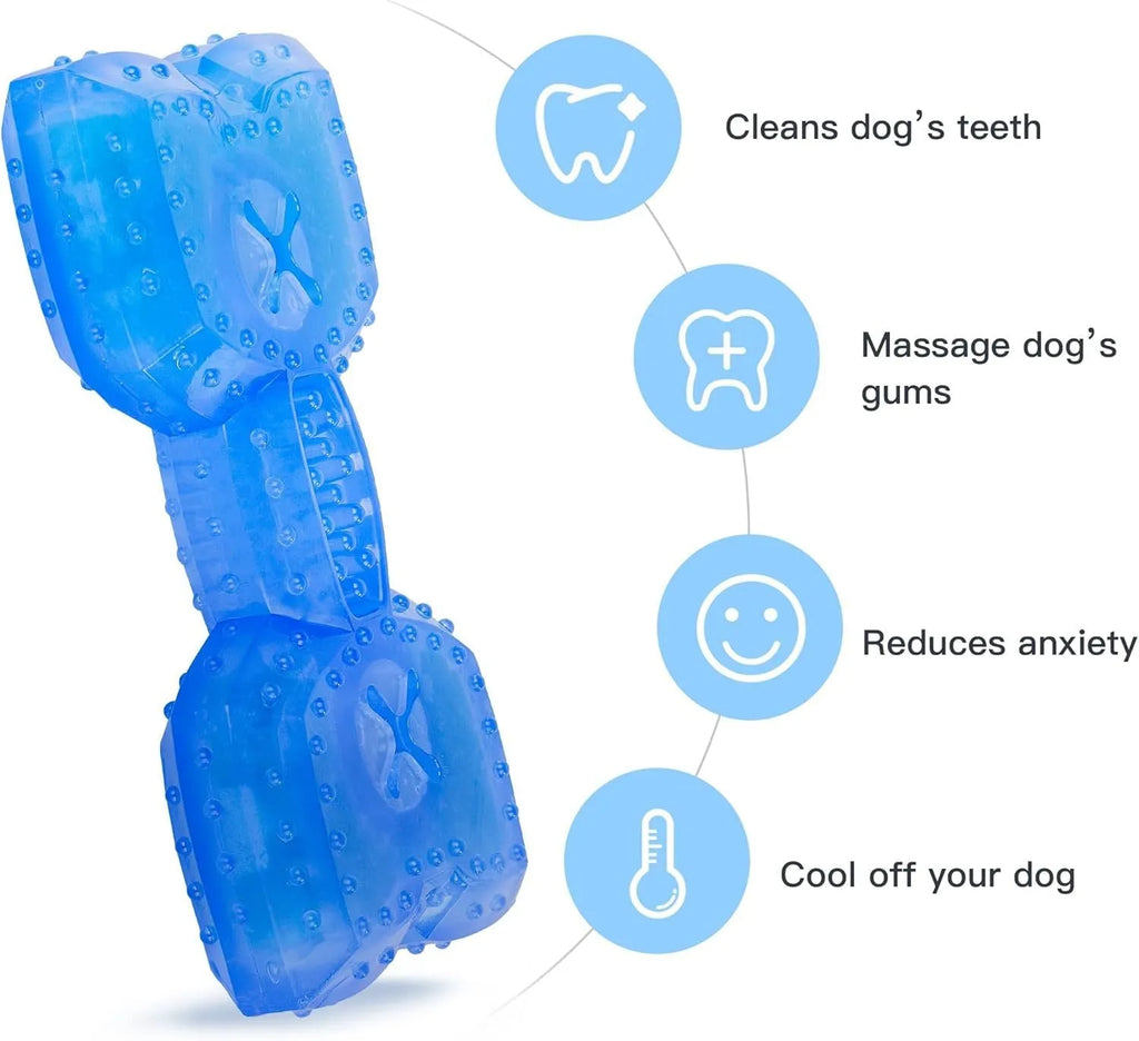 Freezable bone-shaped and circle-shaped dog cooling chew toys with treat pockets.