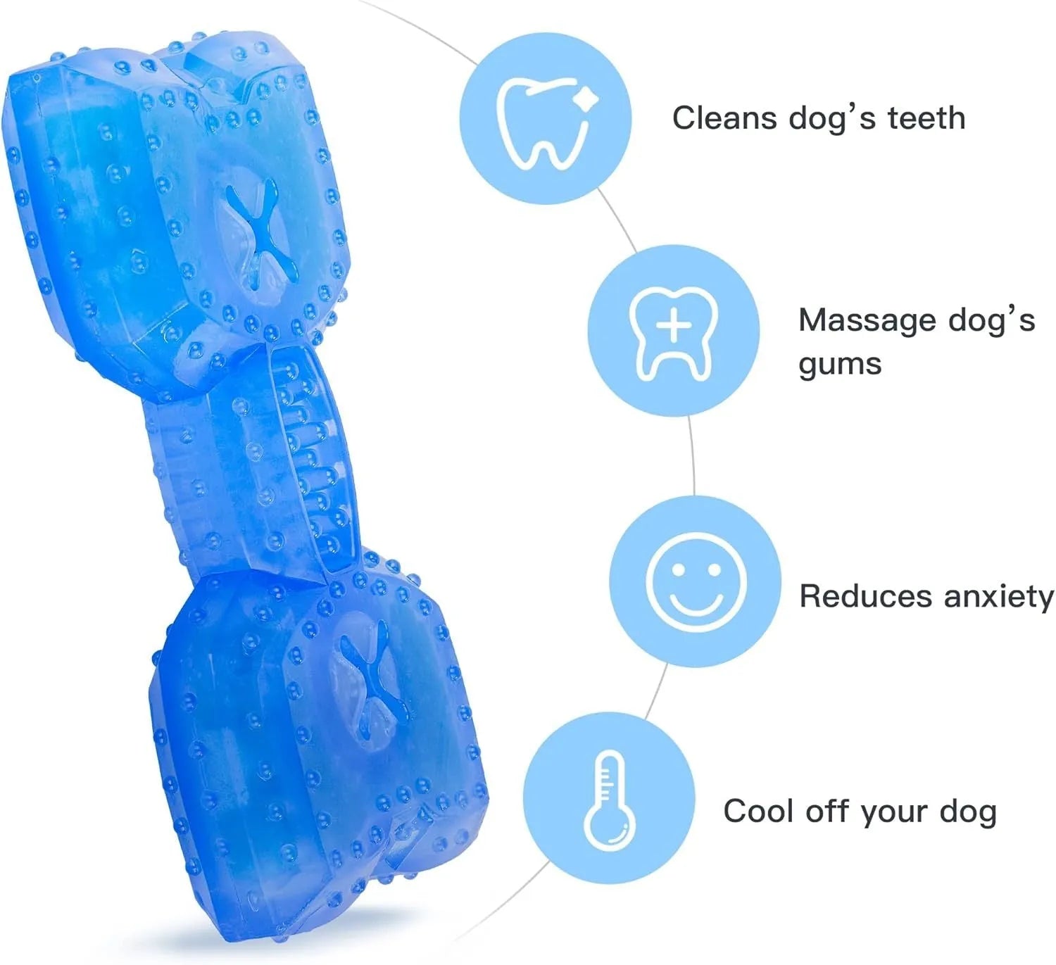 Freezable bone-shaped and circle-shaped dog cooling chew toys with treat pockets.