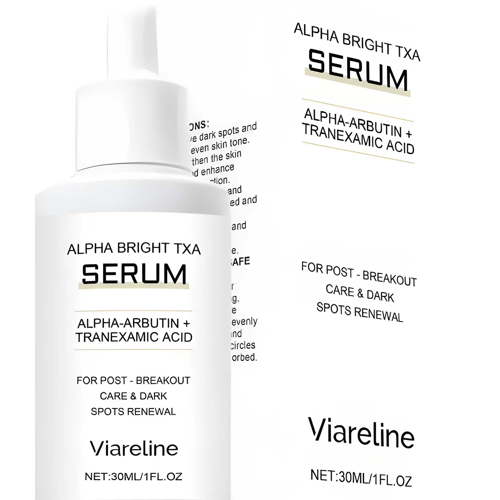 30ml bottle of acne and spot removing treatment liquid with α-arbutin and tranexamic acid.