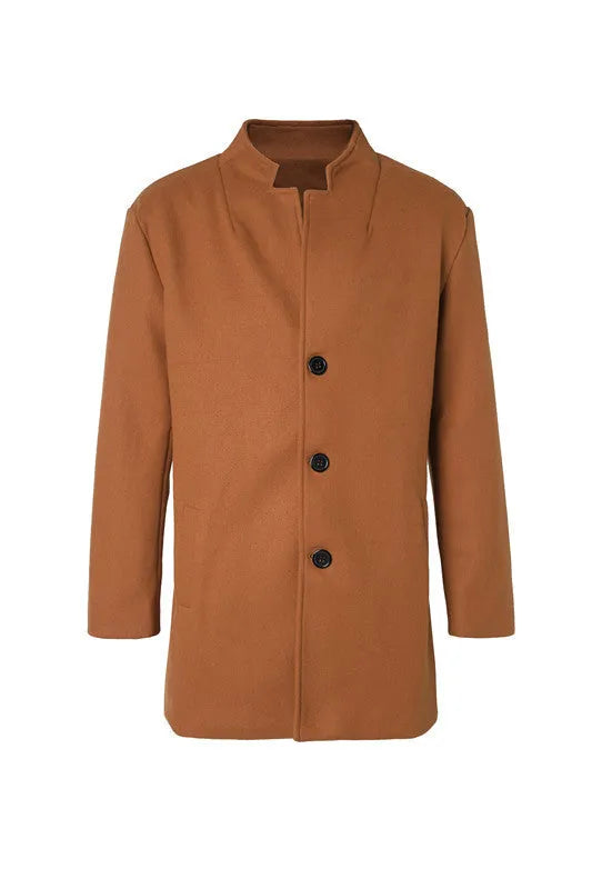 Solid-colour khaki form-fitting woolen coat for men, autumn layering, sizes S-XXXL