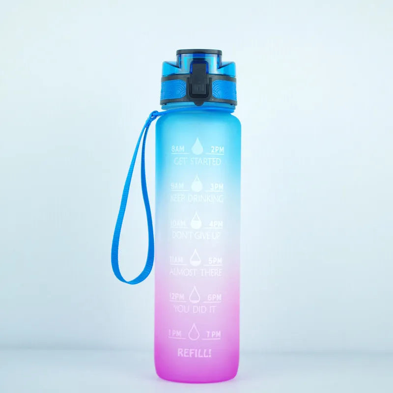 Transparent BPA-free Tritan sports water bottle 1000ml with infuser, clear design, kawaii style, 29.5cm height