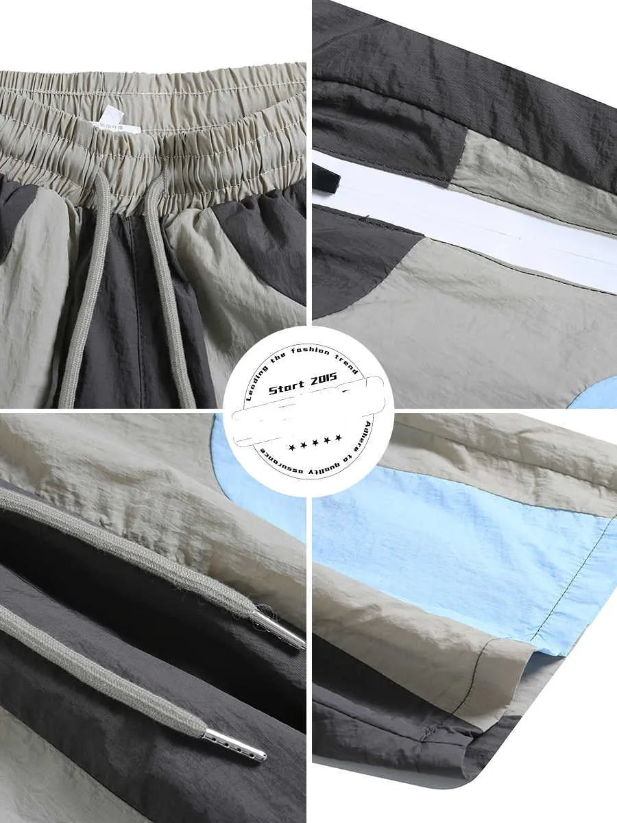 Blue patchwork men's quick-drying shorts with micro-elastic waistband and straight-leg cut