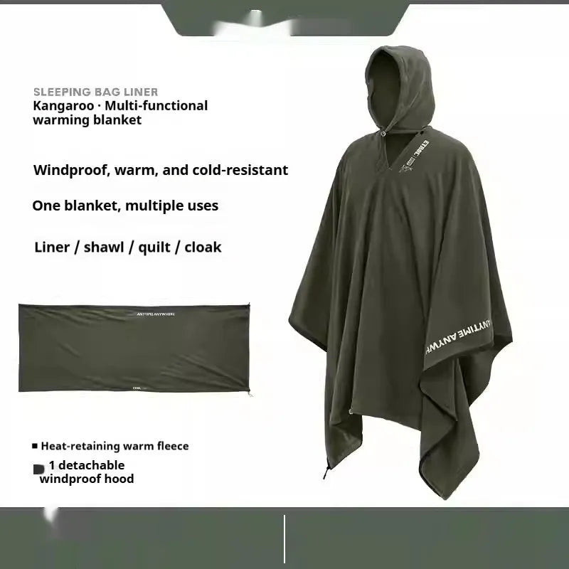 Green multifunctional fleece thermal blanket camping sleeping bag wearable cloak for 1 person