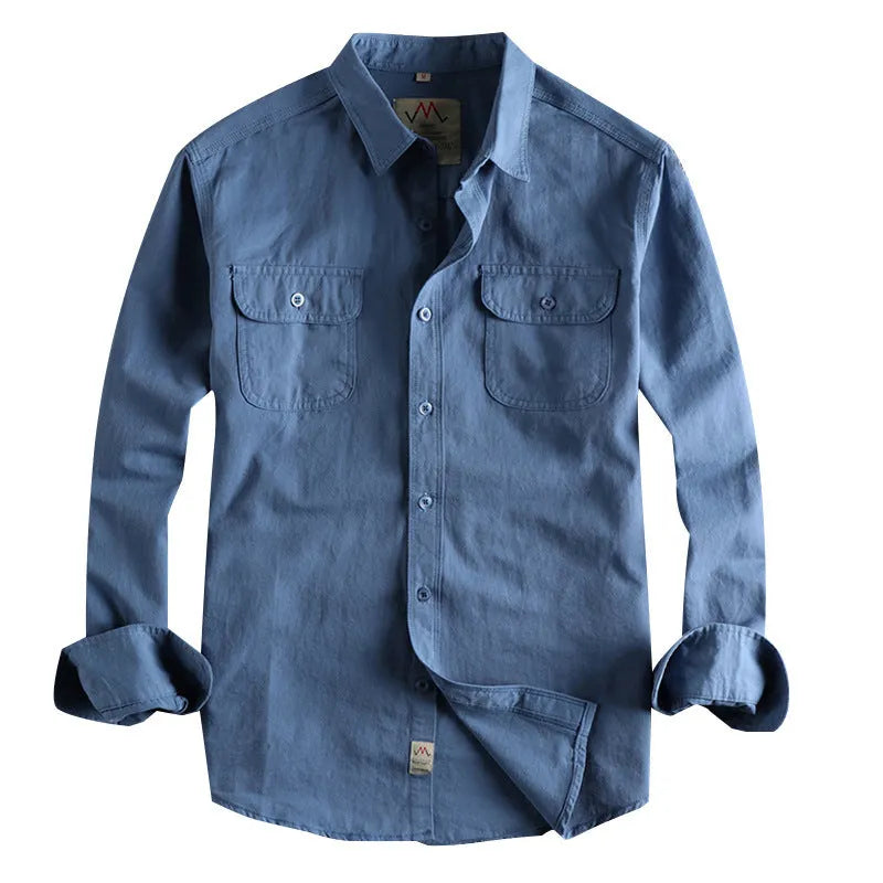 Men's cotton long sleeve shirt in cardigan style, solid colour white or light blue option