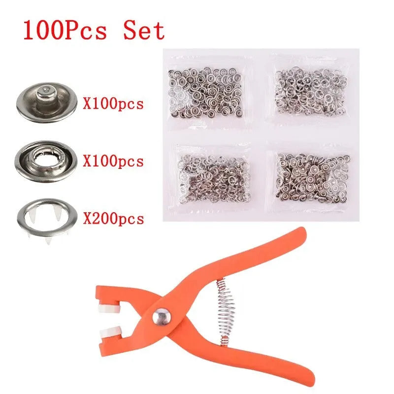 Five claw stainless steel no sew suit buttons for children's clothing, shown with plier tool.