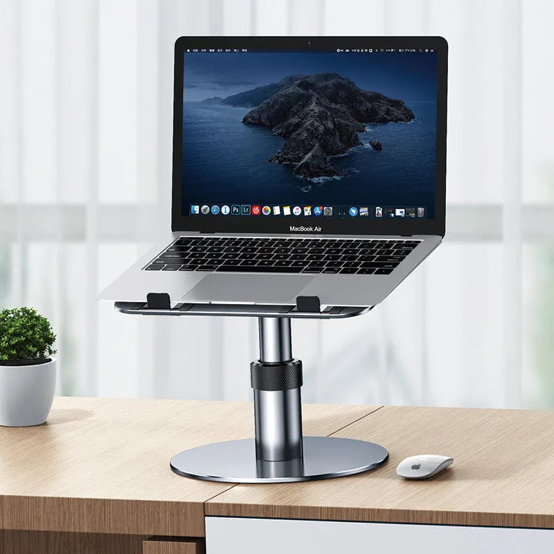 Silver adjustable aluminium laptop stand shown at various heights with rotating base.