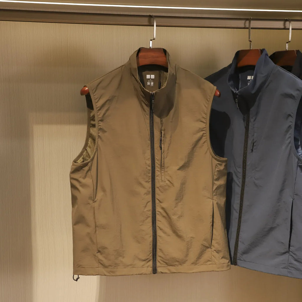 Men's thin nylon vest in Army Green, showing cardigan style and side seam pocket.