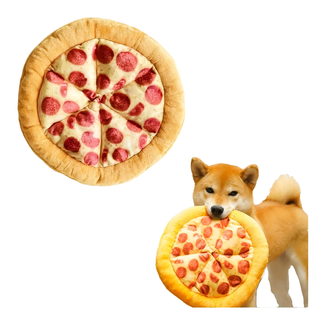 Yellow teddy bear dog chew toy holding a pizza slice with a squeaker inside.