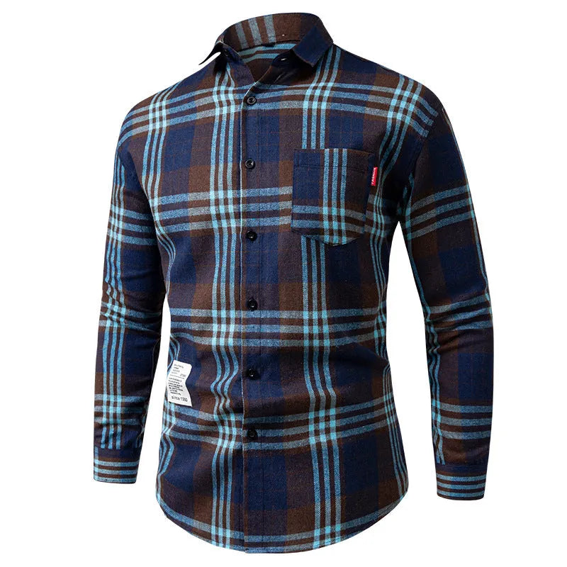 Men's long-sleeved plaid casual Korean-style versatile top shirt cardigan, loose fit, brown grid, polyester