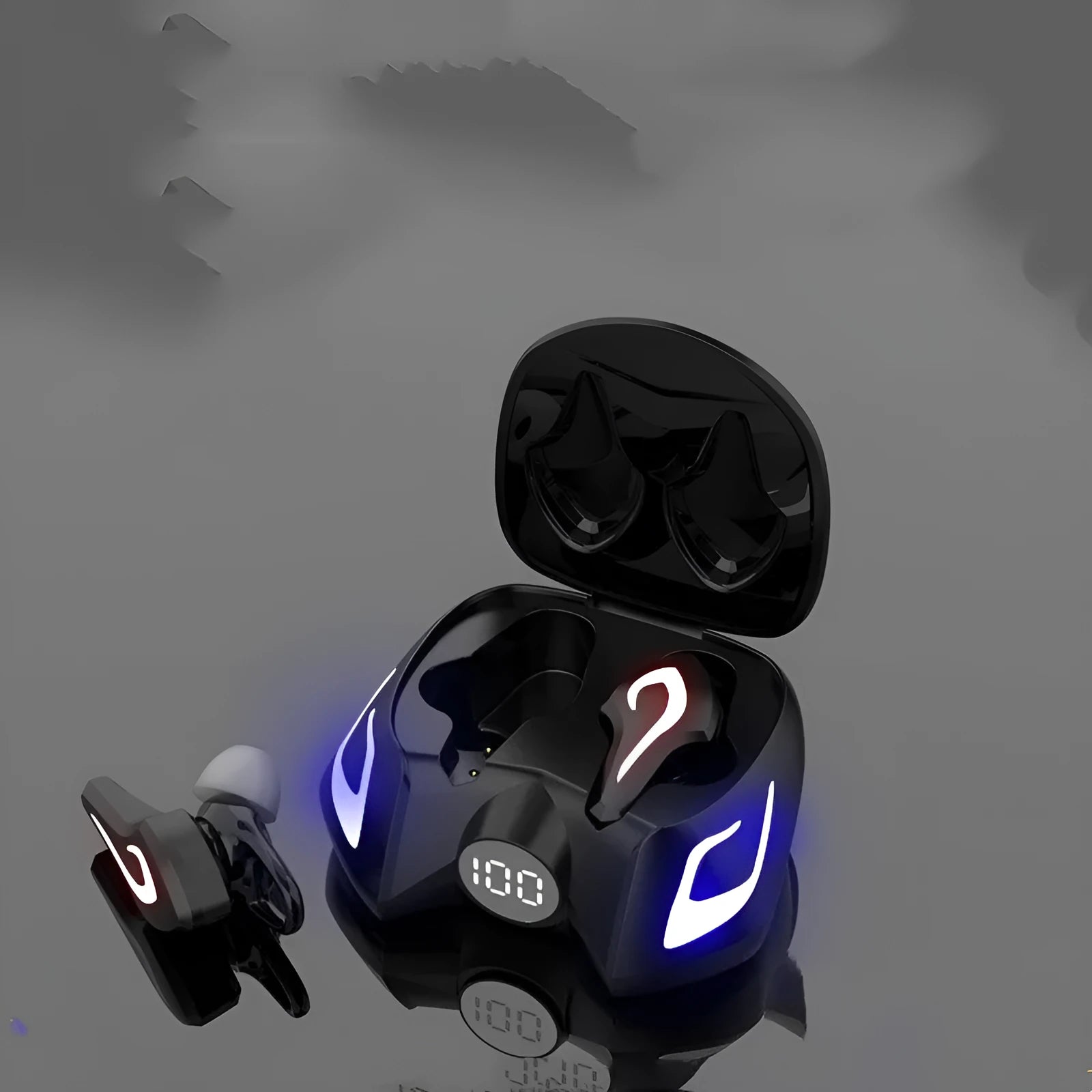 Close-up of a colourful LED Bluetooth gaming headset with in-ear earpieces on a dark background.