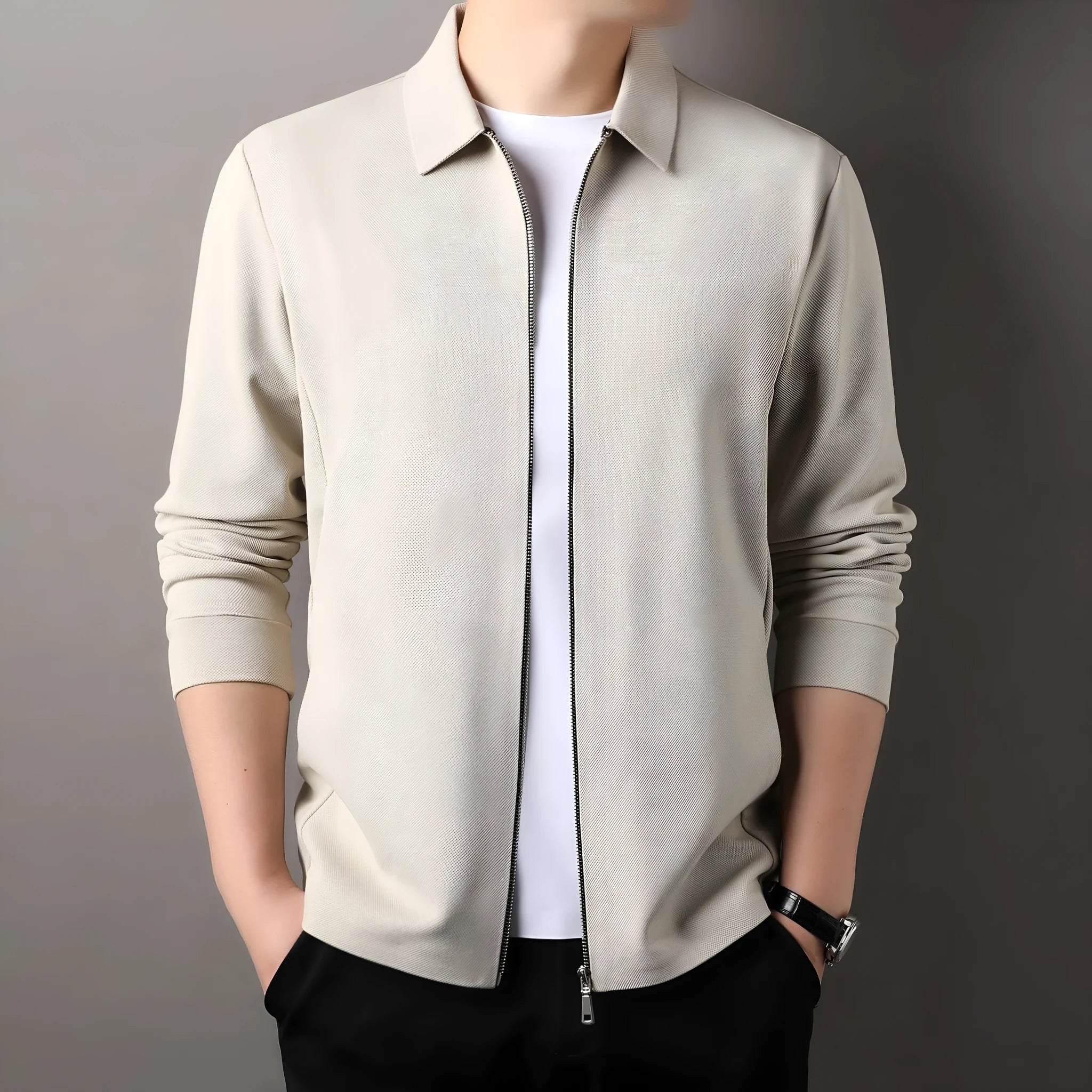 Men's collared business casual jacket in polyester, shown in black, dark grey, and apricot colours.