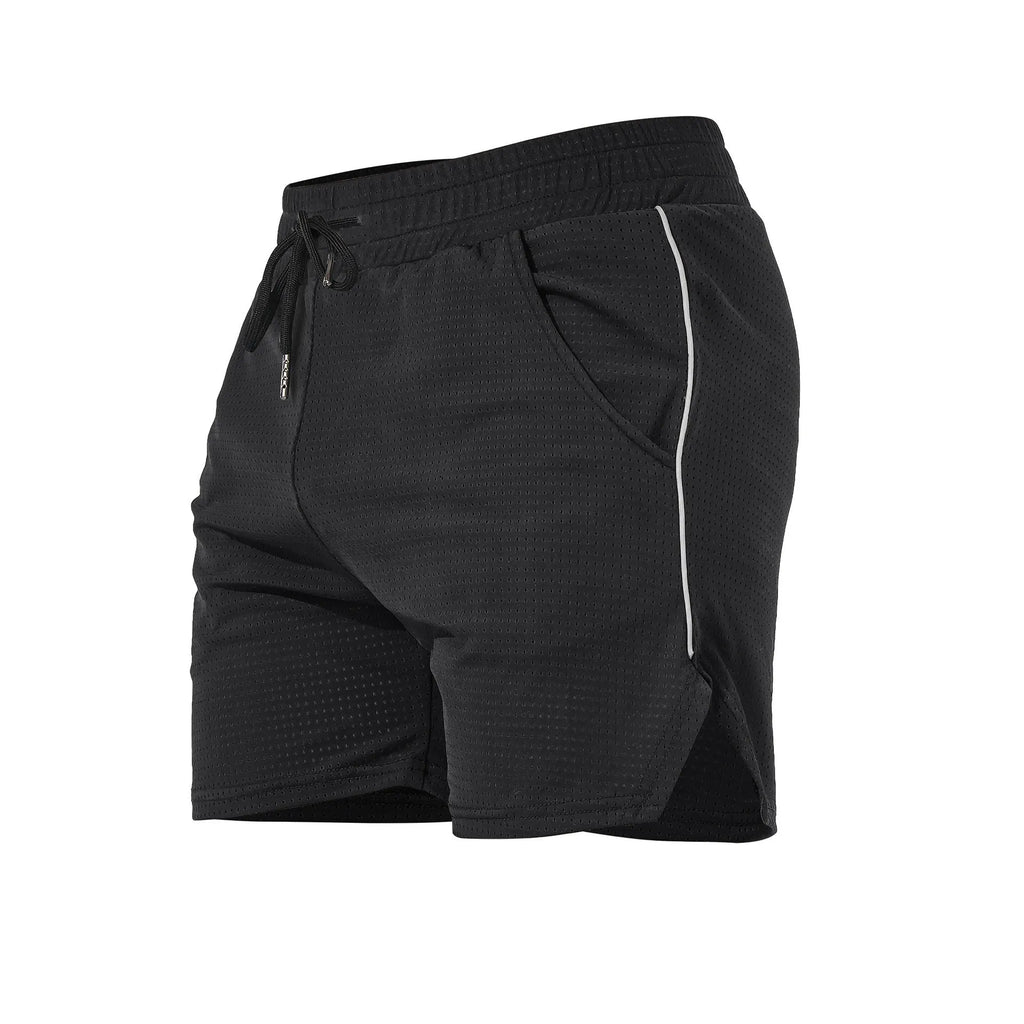 Men's straight-leg sports shorts in black, grey, navy blue, or red, shown on a size chart.