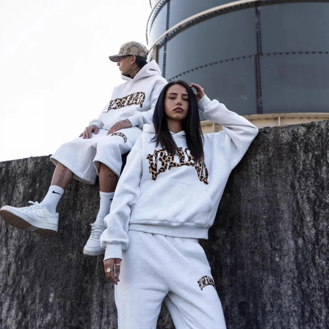 Black or light gray street casual three-piece set with leopard print letter embroidery on hoodie and trousers