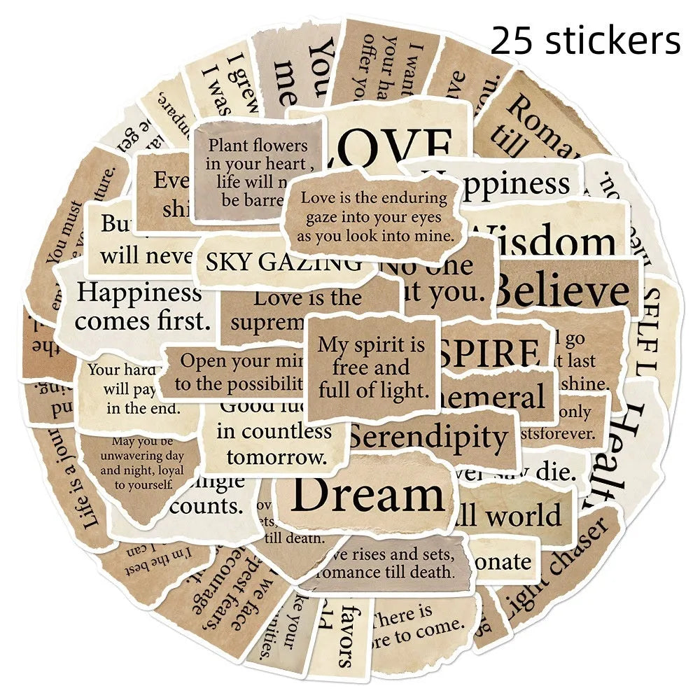 Pack of 25 tear English text design PVC stickers for laptops, sizes 4 to 7 cm