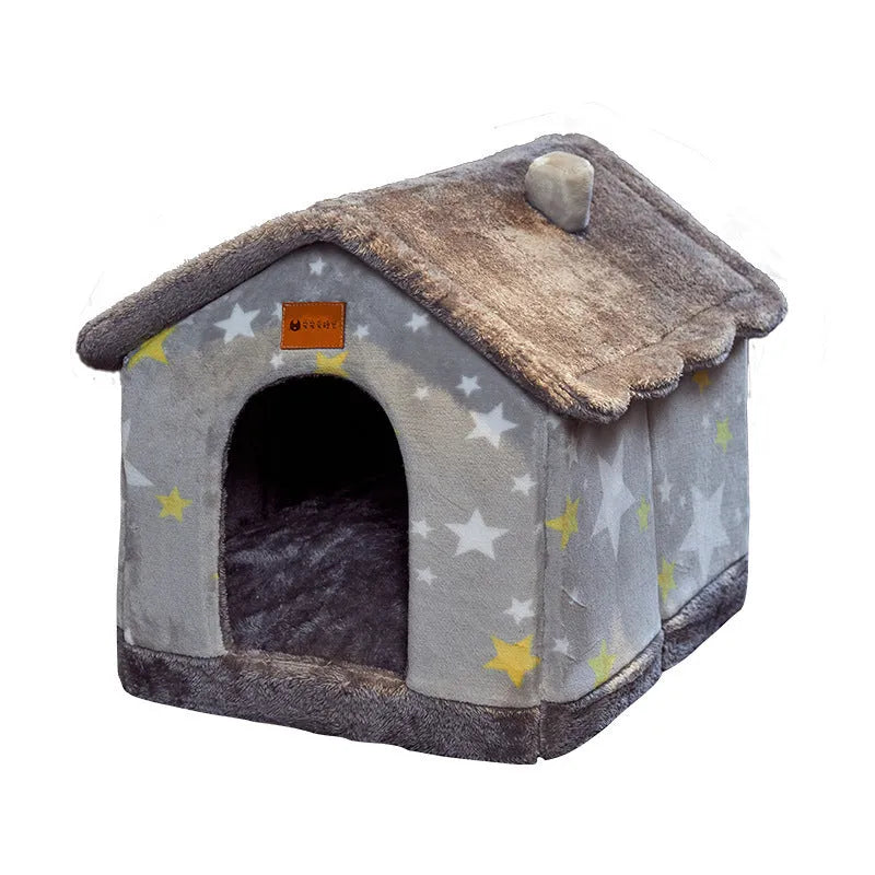 Foldable dog house pet cat bed in cave style with self-warming plush fur and non-slip bottom, available in multiple colours and sizes