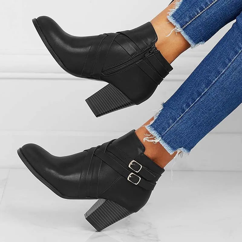 Gray plus size short boots with a 7cm stout heel, side zipper, and rubber sole.