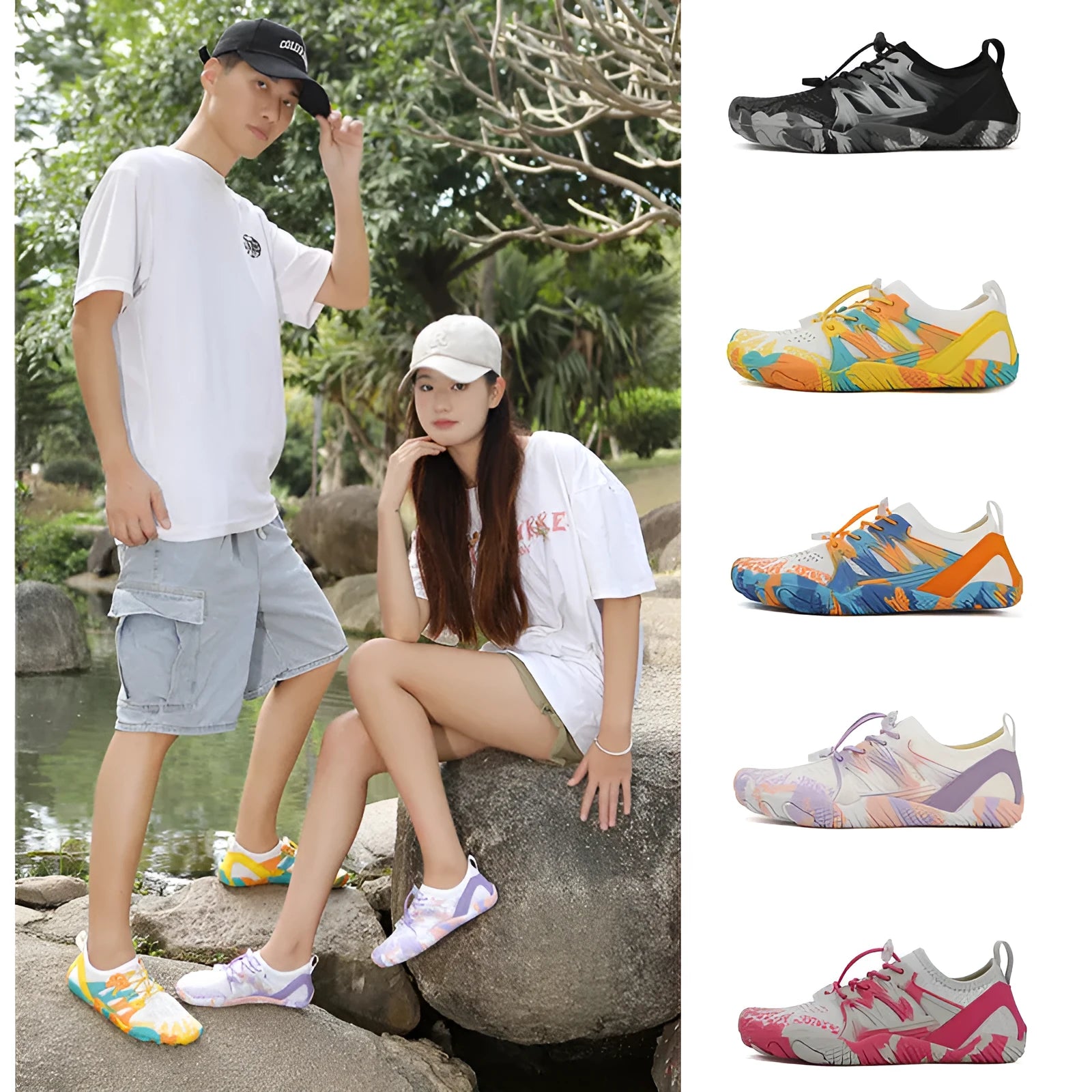Men's and women's quick-dry wading shoes in multiple colours with mesh upper and rubber outsole.