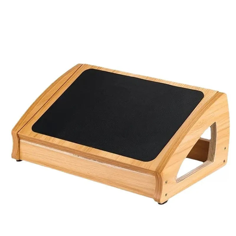 Wooden bamboo office desk footstool in a natural wood colour with a modern minimalist design.