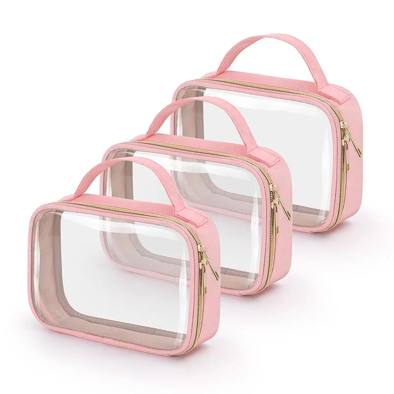 Transparent PVC cosmetic organiser bag with chain in multiple colours including leopard print for lipstick and brush storage.
