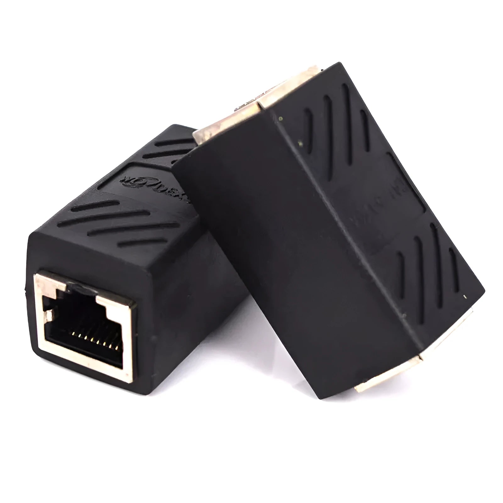 Black RJ45 network cable extender adapter with connectors on both ends