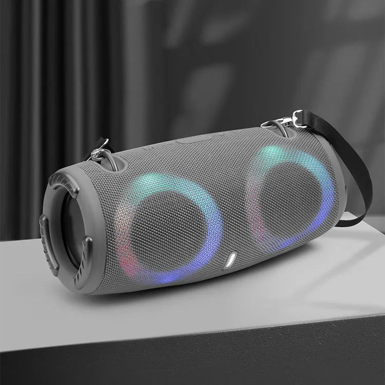 War Drum portable Bluetooth speaker with RGB coloured lights in multiple colour options on a strap.