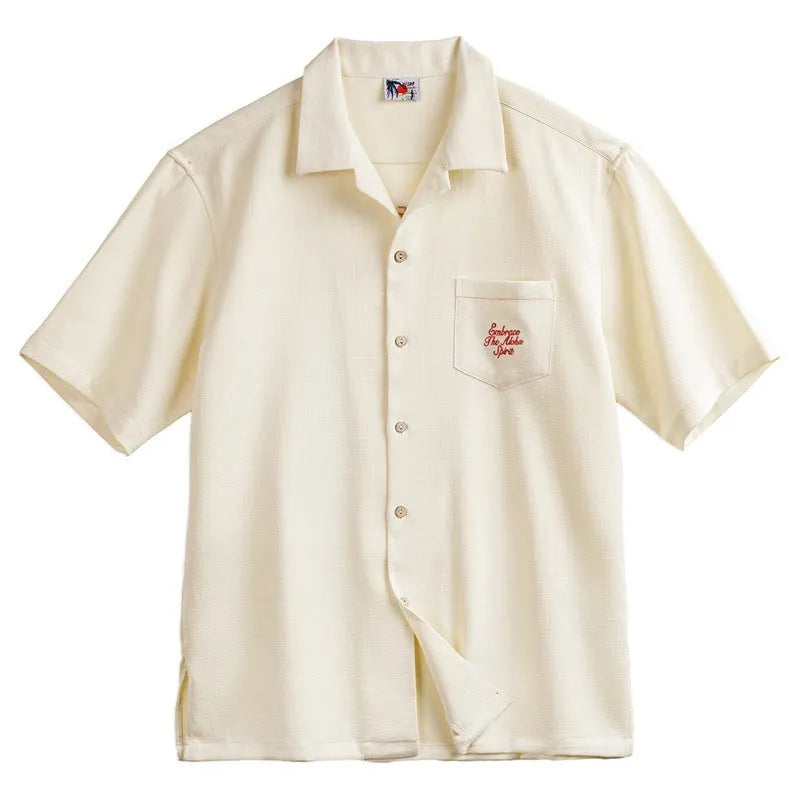 Men's light apricot Cuban collar shirt with bamboo and floral pattern design