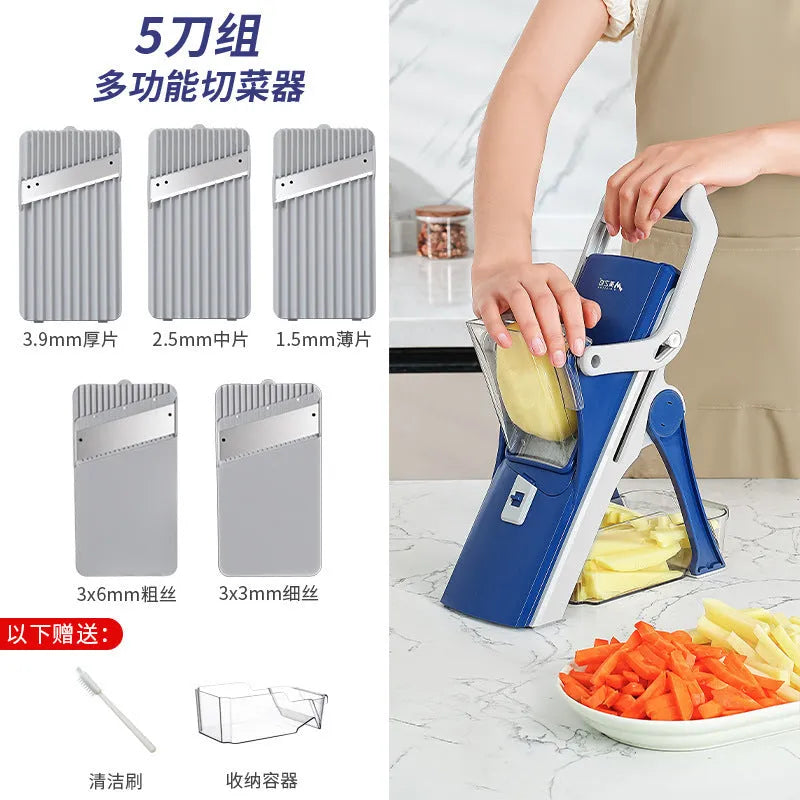 Purple vegetable chopper with stainless steel wire planer on kitchen counter