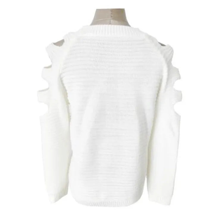 Women's grey knitted pullover shirt with crocheted hollow-out patterns on the sleeves and body.