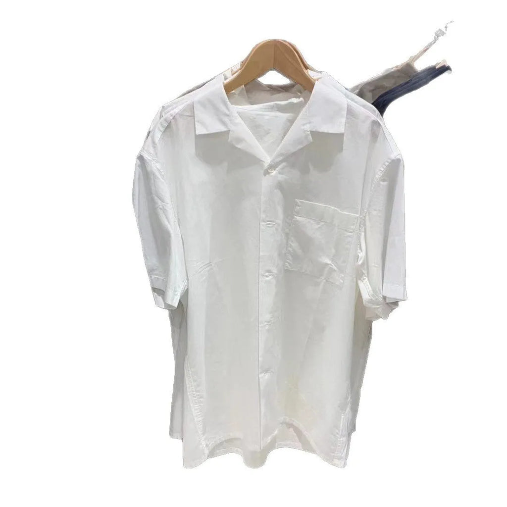 Men's beige modal cotton open collar casual shirt with Japanese Korean styling
