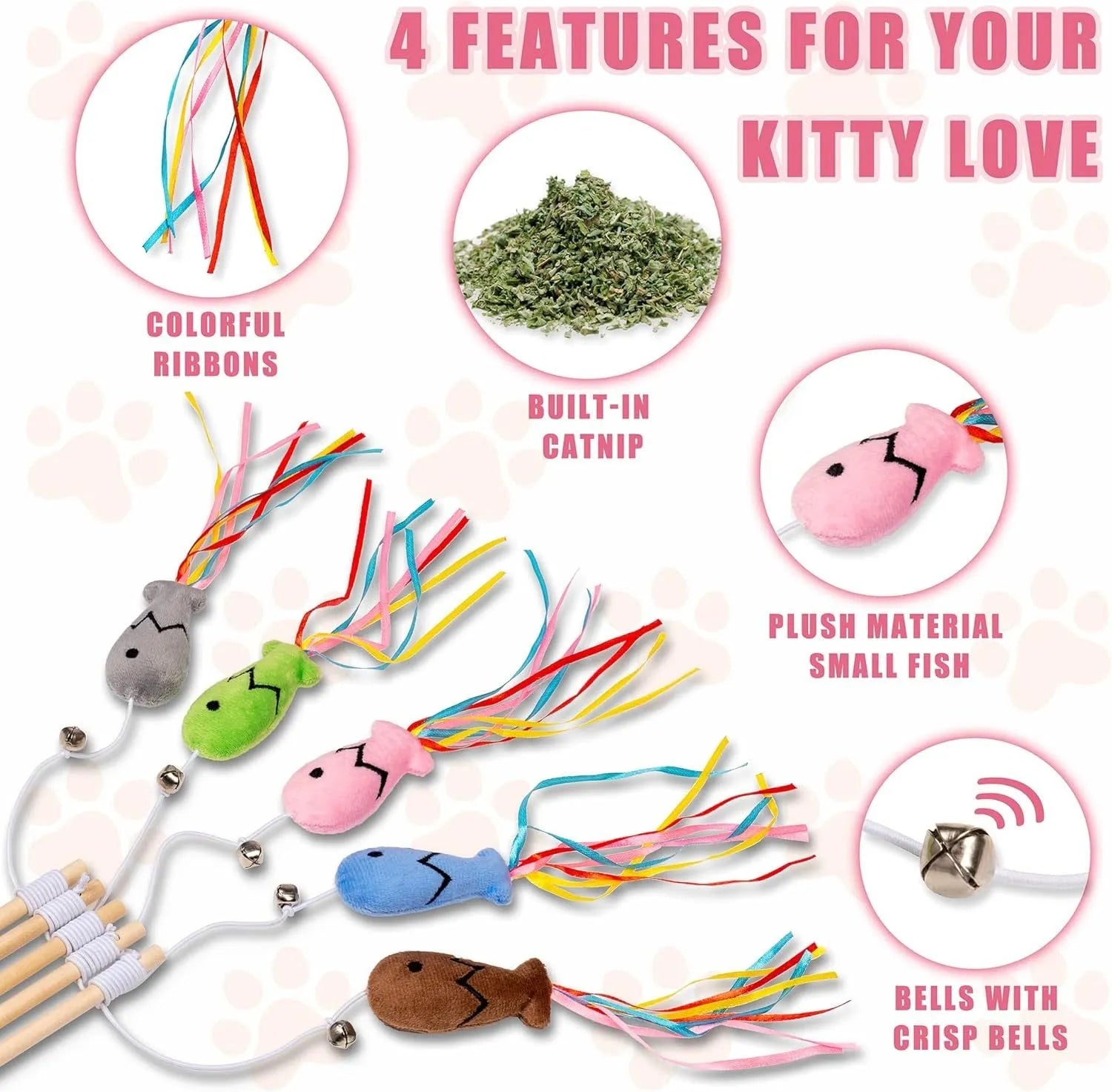 Cat wand toy with wooden handle, colourful ribbons, catnip fish and bell for indoor cat play
