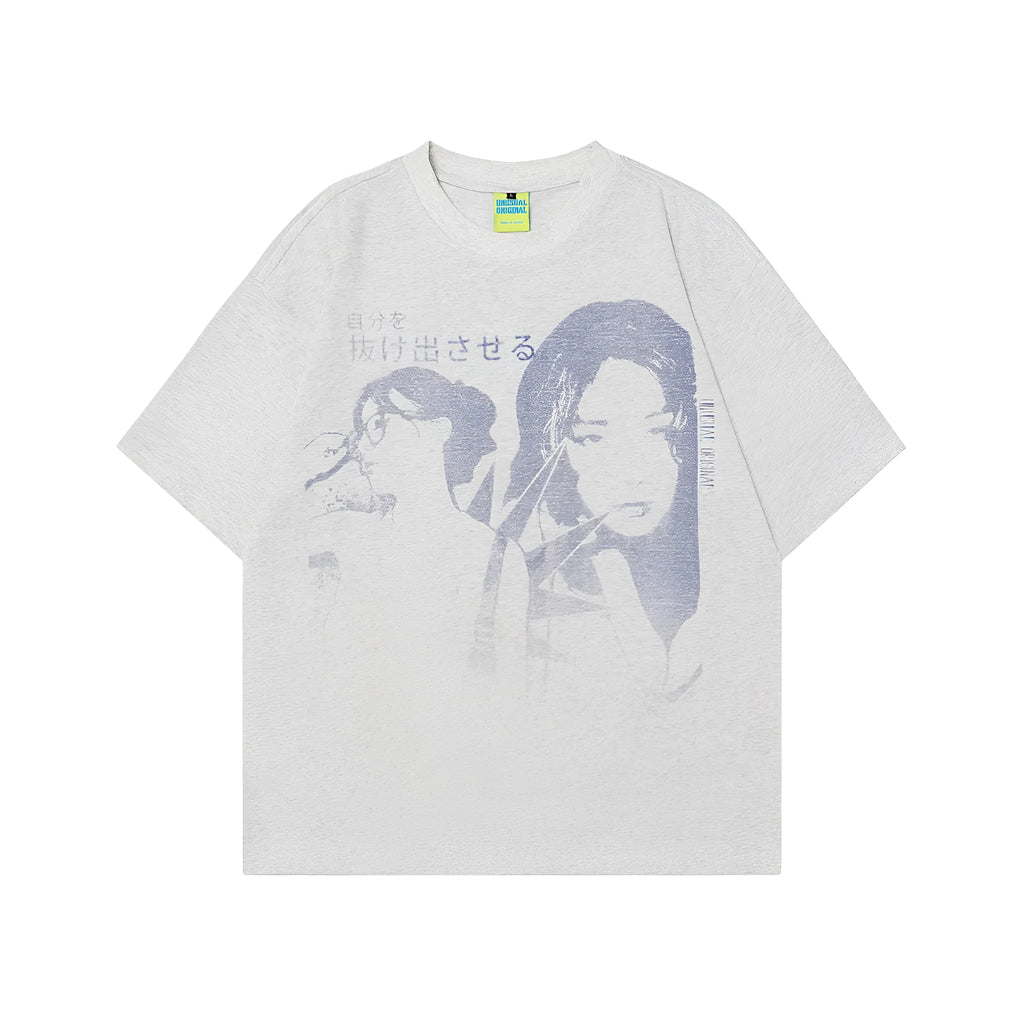 Men's grey retro character print cotton T-shirt with short sleeves and loose fit