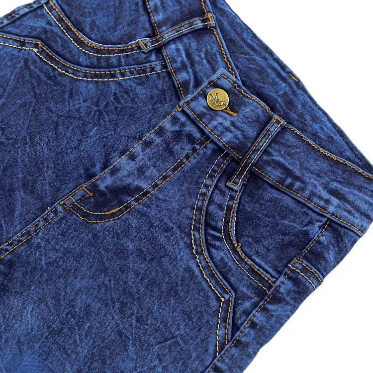 Boys' blue flat stretch slim long jeans on a child model