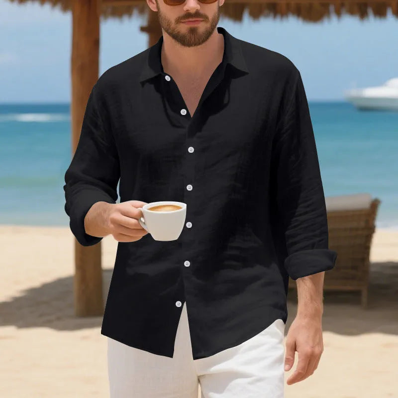 Man wearing a loose-fitting linen casual shirt in a light colour, showing the non-iron texture and American style.