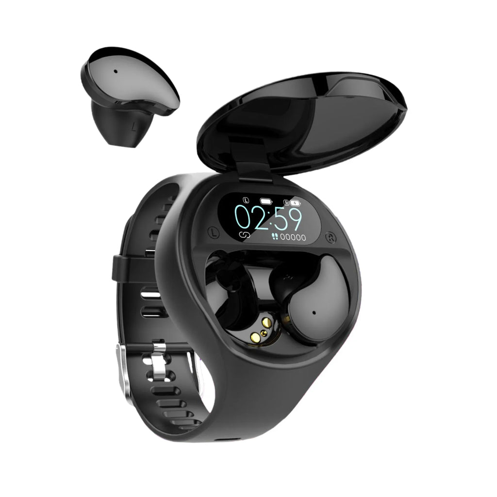 Black Bluetooth headset and smart bracelet combo watch with detachable TWS earbuds on a charging cable.